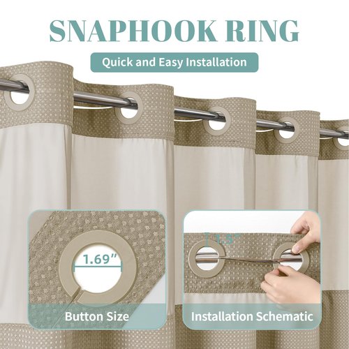 eachope Khaki No Hook Waffle Weave Shower Curtain with snap-in Liner Replacement, 230GSM Waterproof Fabric Hotel Shower Curtain Set for Bathroom, Through Mesh Top Window,71Wx74H