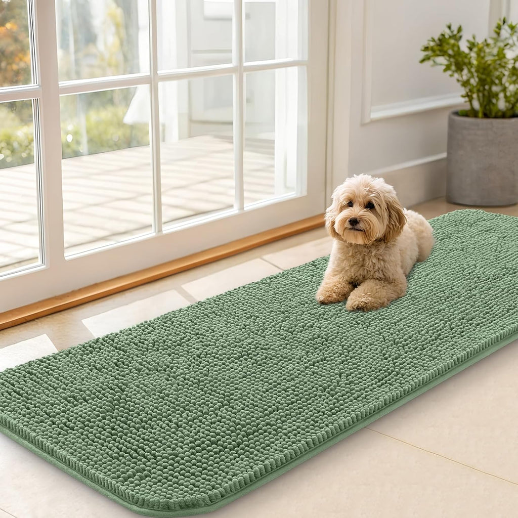 OLANLY Dog Door Mat - Absorbent Non-Slip Mud Mat for Muddy Paws | Quick Dry Chenille, 59x20, Olive Green