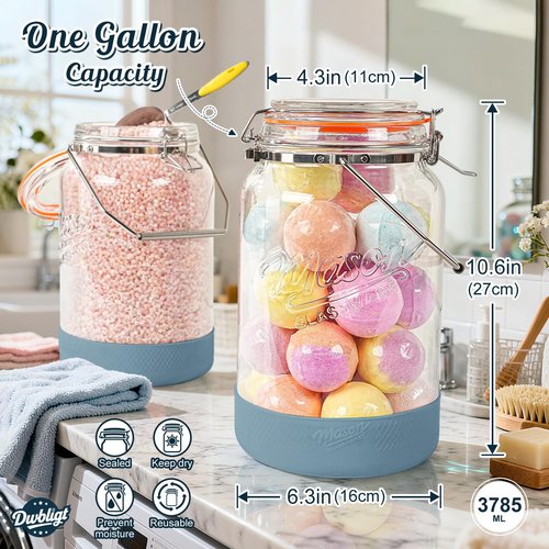Dwbligt 2 Packs 1 Gallon Glass Jars with Airtight Lids, Wide Mouth Mason Jars with Clip Top & Stainless Steel Handle & Silicone Base, Glass Storage Containers for Kitchen Storage, Pickling-Dual Scale