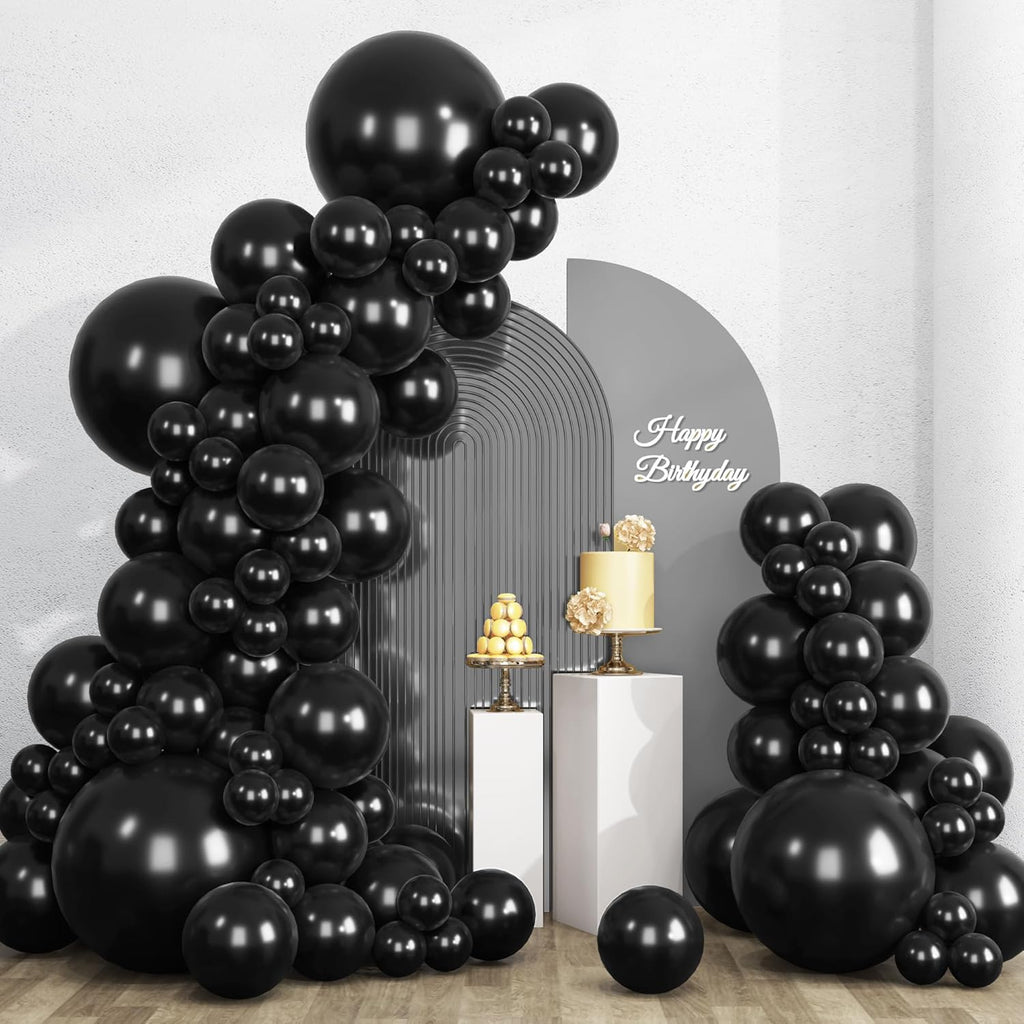 RUBFAC Black Latex Balloons - 135pcs in 5-18 Inch Sizes for Halloween, Birthday & Wedding Decor