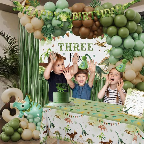 Three Rex Birthday Party Decorations Boy, Dinosaur 3rd Birthday Party Supplies, Three Rex Backdrop Tablecloth Fringe Curtain Balloon Arch Cake Topper Birthday Banner Hat