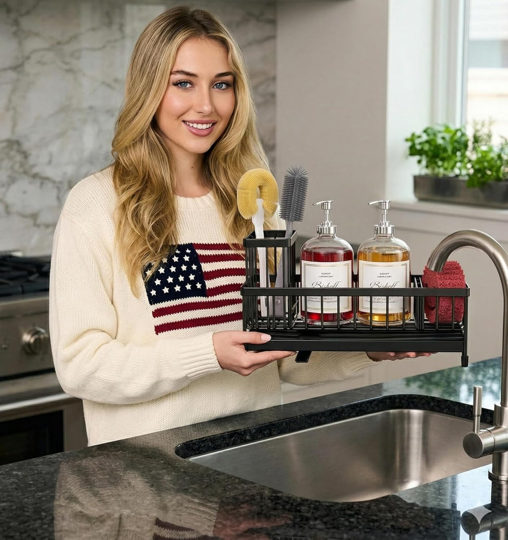 ✪®Premium Kitchen Sink Organizer Caddy - Extra Large Stainless Steel Sponge Holder & Soap Dispenser Tray (Black)