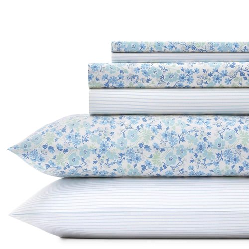 Laura Ashley - Queen Sheets, Cotton Percale 6-Piece Bedding Set, Crisp & Cool Home Decor (Jaynie Pastel Blue, Queen)