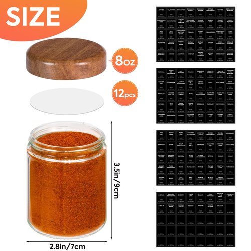 Yangbaga 12Pcs Glass Spice Jars with Labels-8oz Acacia Wood Lid Square Spice Containers,Seasoning Jars for Rack Cabinet Drawer,KitchenPantry Daily Use