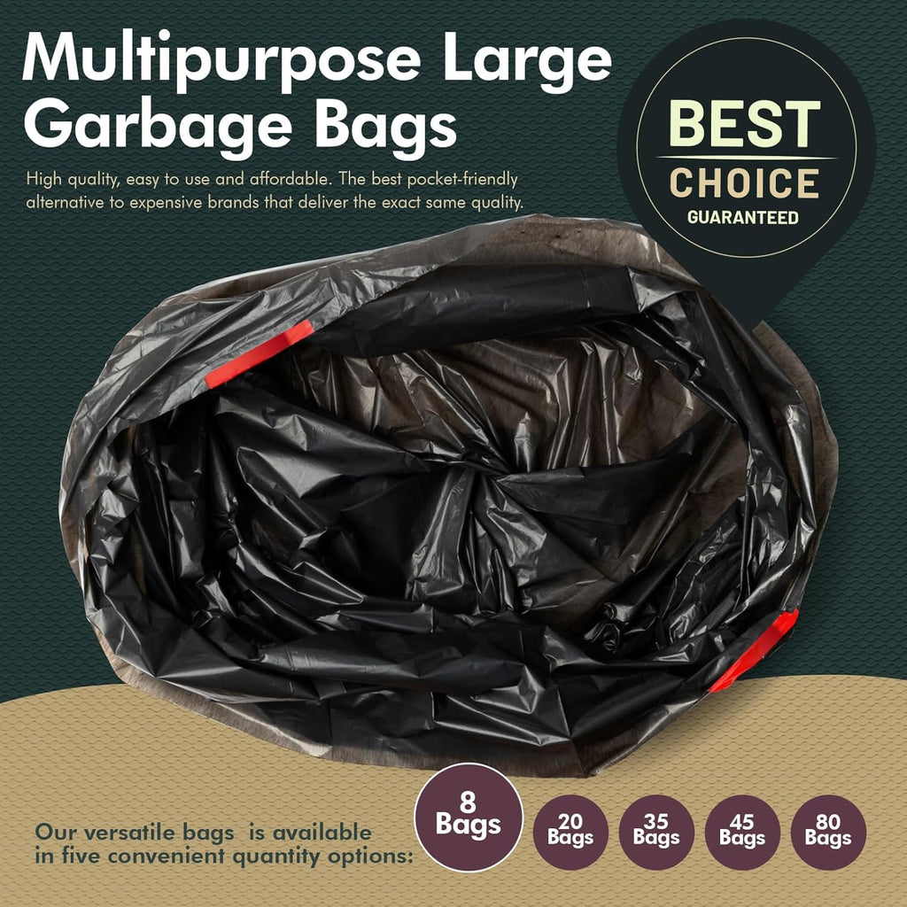 PAMI 30-Gallon Drawstring Trash Bags - Extra-Strong Black Garbage Liners | 8-Pack for Kitchen & Outdoor Use