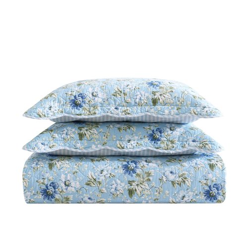 Laura Ashley - Quilt Set, Super Soft Bedding with Matching Shams, Scalloped Edge Design (Peony Garden Blue, Full/Queen)