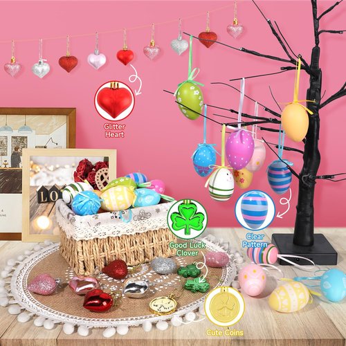 Valentines Day Decor Tree Ornaments Set, 108 PCS Hanging Ornaments for Valentine's Day St Patricks Easter, Romantic Decor Glitter Heart Shamrock Easter Egg for Home Wedding Dinner Gifts Party Table