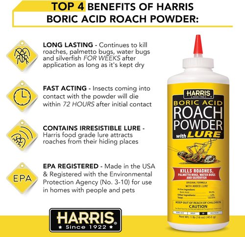 HARRIS Boric Acid Roach & Silverfish Killer Powder - Effective Insect Lure, 16oz