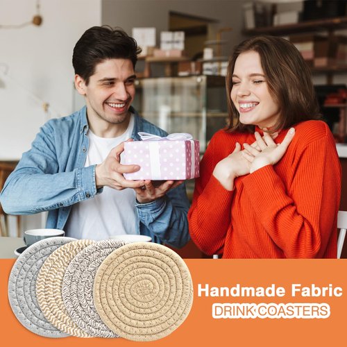 4.8 Inch Woven Drink Coasters Set of 4, Thick Absorbent Coasters, Boho Cotton Neutral Fabric Coaster for Desk Table Office Decor Posavasos for Coffee Cups with Gift Box (Multicolored, 4Pack)