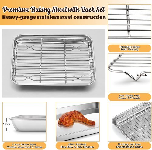 E-far Stainless Steel Baking Pan Set - 10.5”x8.3” Toaster Oven Tray with Wire Rack for Roasting & Broiling