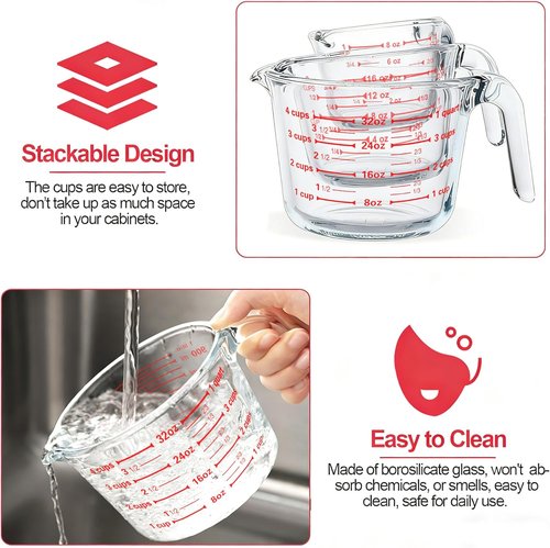 MCIRCO Glass Measuring Cups Set - 6 Pcs with Lids, 1-Cup, 2-Cup, 4-Cup Nesting Jugs for Kitchen Use