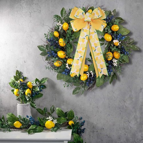Meseey 1 Pcs Lemon Yellow White Green Fruit Wreath Bow 20x10 Inch DIY Crafts Rustic Bows Ornaments for Summer Holiday Tree Topper Lemon Theme Party Decorations (Lemon)