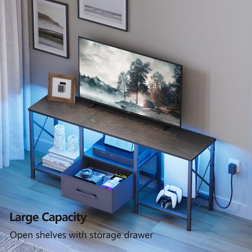JARHETUN LED TV Stand with Fabric Drawer, Entertainment Center for 50 55 Inch TV, Industrial TV Console Table with Open Storage Shelves for Living Room, Bedroom, Black