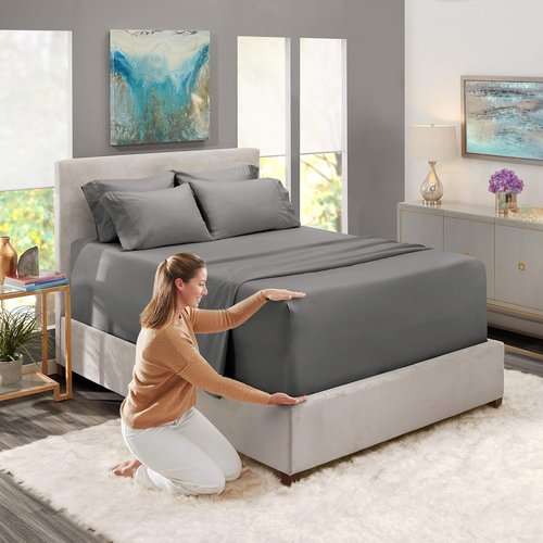 Hearth & Harbor Queen Sheet Set - Extra Deep Pocket for Mattresses 18-24 Inches - 6-Piece Grey Set