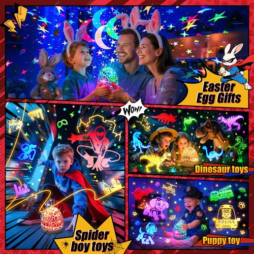 PIKOY Spider Boys Toys Age 4-6, 6 Films(Spider/Paw Dog/Construction Toy)+31 Colors Spider Night Light,15 Sounds 3 Year Old Boy Gift, Remote+Timer+Brightness 4 Year Old Boy Birthday Gift