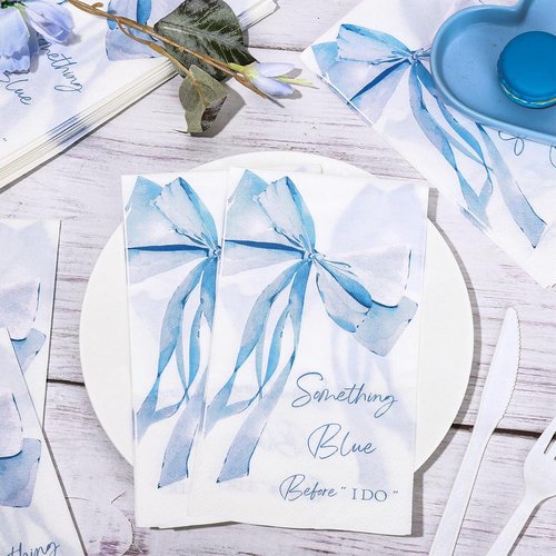 JarThenaAMCS Blue Bow Guest Napkins - 50 Pcs Disposable Bowknot Paper Napkins for Bridal Shower & Parties