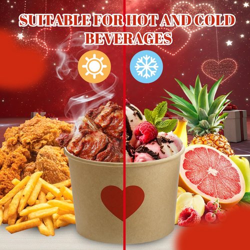 Hsei 60 Pcs 16oz Valentine's Day Disposable Soup Bowls Heart Ice Cream Cups Snack Paper Bowls Dessert Sundae Yogurt Cups Hot Cold Drink for Holiday Party Supplies