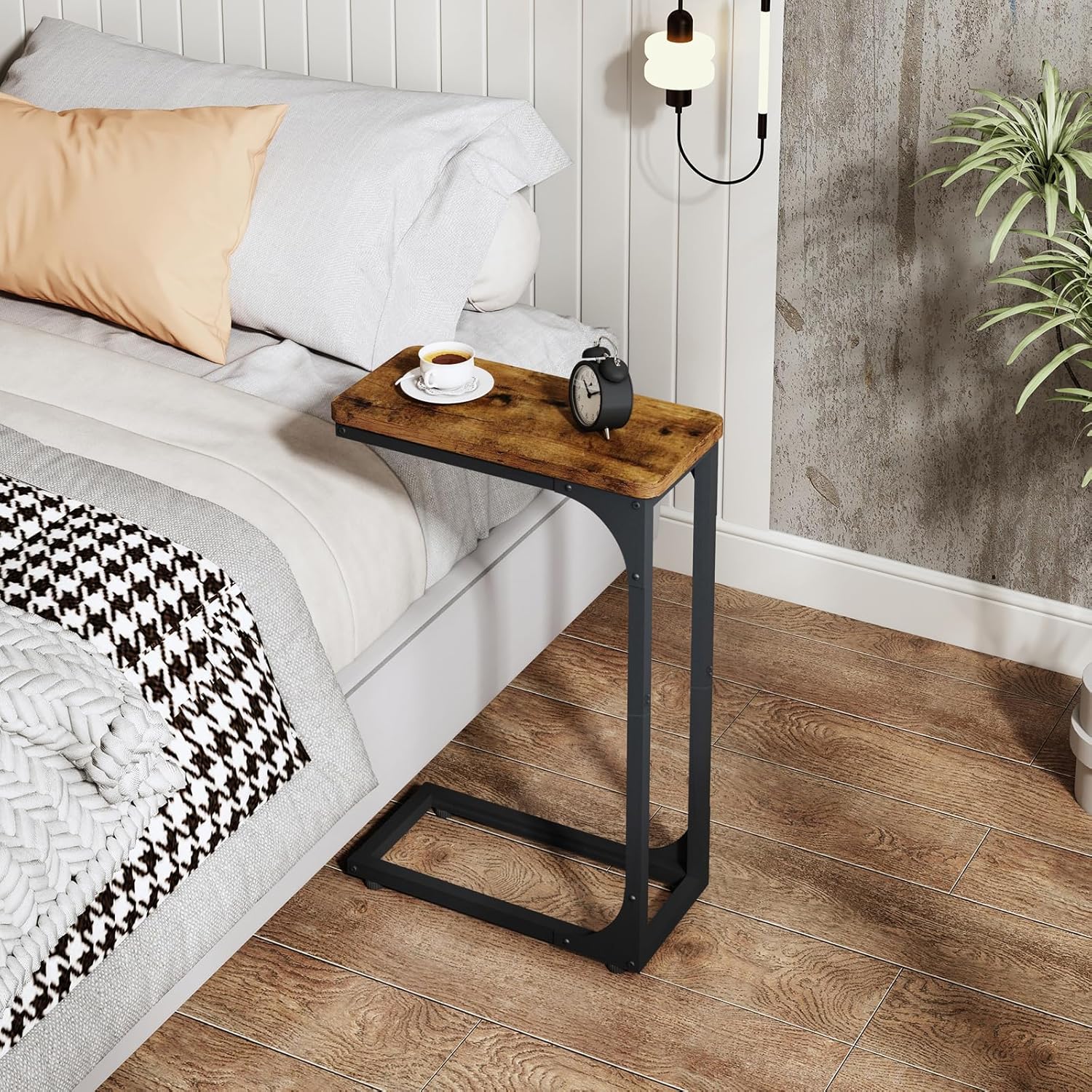 QEEIG Narrow C Shaped Side Table Set of 2 - Slim Couch Tray Tables in Rustic Brown | 7-Inch Width