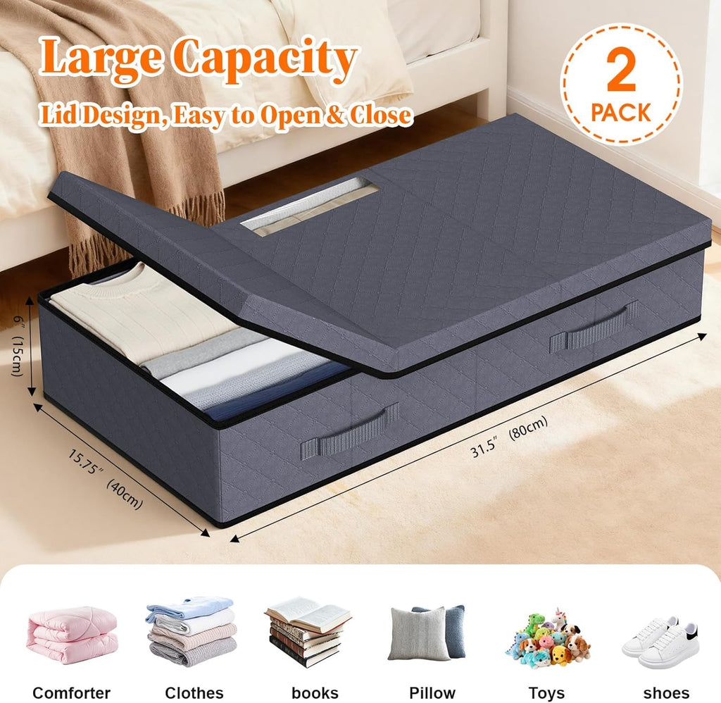 StoreHappily Under Bed Storage Containers - Foldable, Stackable Bags with Clear Window & Handles | 2 Pack (Grey)
