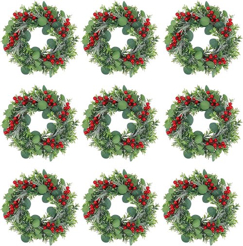 Daifunli Mini Wreaths - 8 Pcs 10 Inch Christmas Candle Rings with Red Berries & Eucalyptus Decor