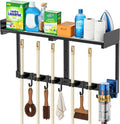 HUFAND Broom Holder Wall Mount - Heavy Duty Mop & Broom Organizer with Top Shelf & Hook | 27" Black Utility Rack for Laundry, Garage, Kitchen, Garden