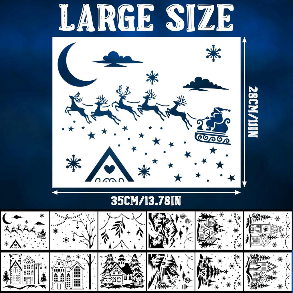 Skiennix 12 Pcs Christmas Stencils - Large Reusable Holiday Templates for DIY Window Decor | 13.78 x 11 Inch