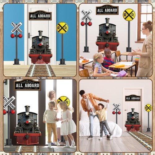 Train Party Decoration Train Theme Door Banner Backdrop Railroad Track Aisle Runner Traffic Crossing Sign Background Fabric for Transportation Birthday School Classroom Home Baby Shower Supplies