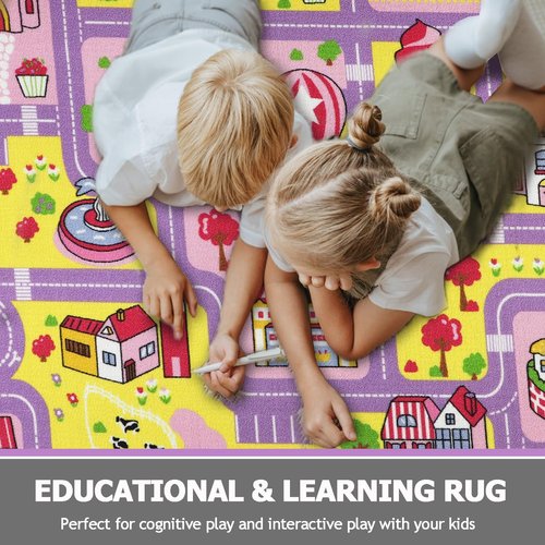 Capslpad Kid Rug for Playroom Purple Play Rug Traffic Road Car Play Mat 6.6x5.0 ft Educational Learning Area Rug Washable Kids Carpet for Children Girls Bedroom,Playroom,Nursery Room Decor