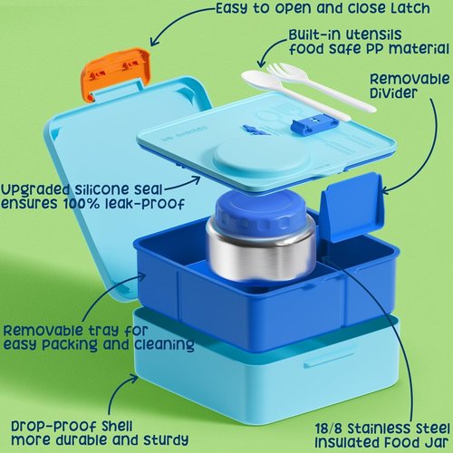 Fimibuke Kids Bento Lunch Box - Leakproof Insulated Food Jar & Utensils | BPA-Free, 3-4 Compartments