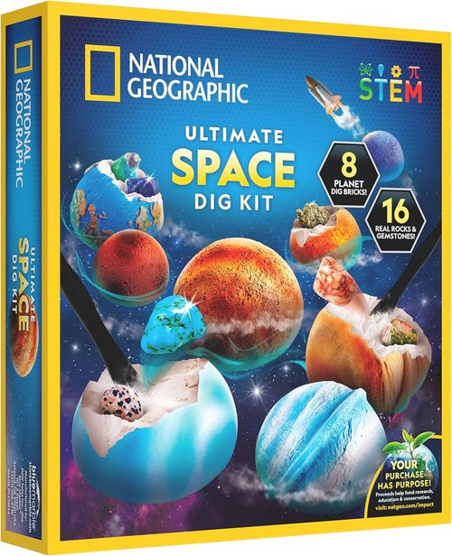 National Geographic Ultimate Space Gemstone Dig Kit - 8 Planet-Shaped Bricks with 16 Real Gems for Kids