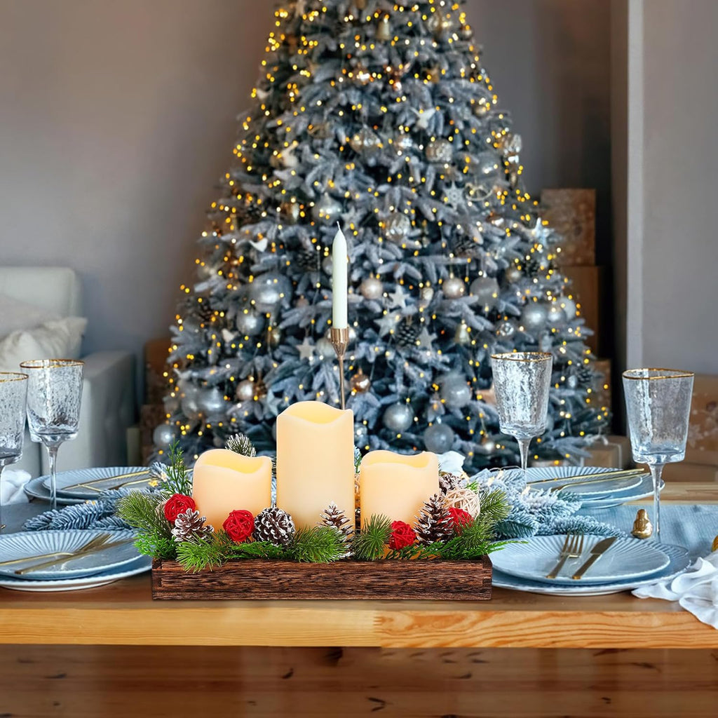 Tioncy Christmas Table Centerpiece - Rustic Wood Box Tray with Artificial Pine Picks & Candles