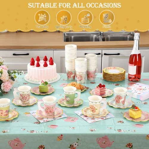 Yungyan 108 Pcs Tea Party Plates and Napkins Sets Serve 36 Guests Floral Disposable Tea Party Supplies Paper 6" Plates and Napkins and 9 oz Cups with Handle for Garden Spring Birthday Wedding