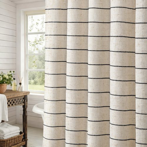 XOGUIBO Black Linen Striped Shower Curtain, Boho Beige Shower Curtains for Bathroom, 72 x 72