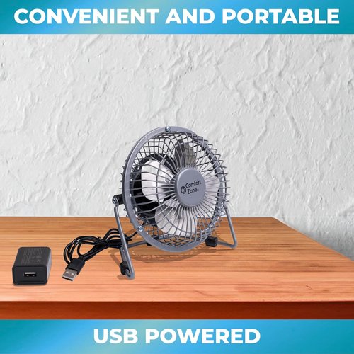 Comfort Zone Mini Desk Fan - High Velocity 4-Inch All-Metal USB Fan with 360° Tilt & Quiet Operation | Perfect for Home, Office & Travel