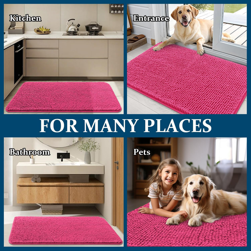 OLANLY Dog Door Mat - Absorbent Non-Slip Mud Mat for Dogs | Quick Dry Chenille, 30x17, Hot Pink