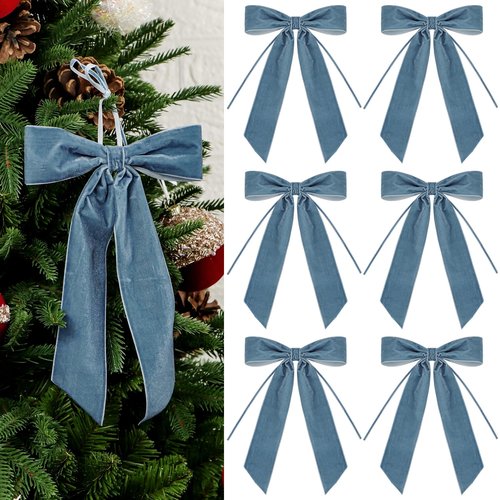 6 Pcs Christmas Velvet Bows - 10 x 7 Inch Vintage Ribbon Bow for Gift Wrapping Xmas Tree Wreath Garland Wall Cabinet Fireplace Staircase Wedding Home Decoration (6, Dusty Blue)