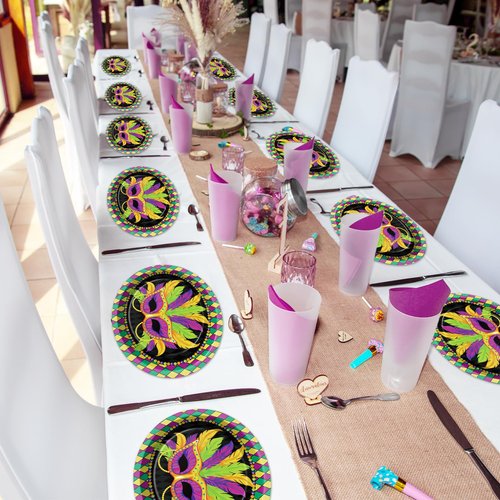 Qyeahkj 50 PCS Mardi Gras Oval Paper Plates Large 11” Disposable Masquerade Mask Party Decorations Mardi Gras Supplies Favor for Carnival Gifts Masquerade Party Tableware Set