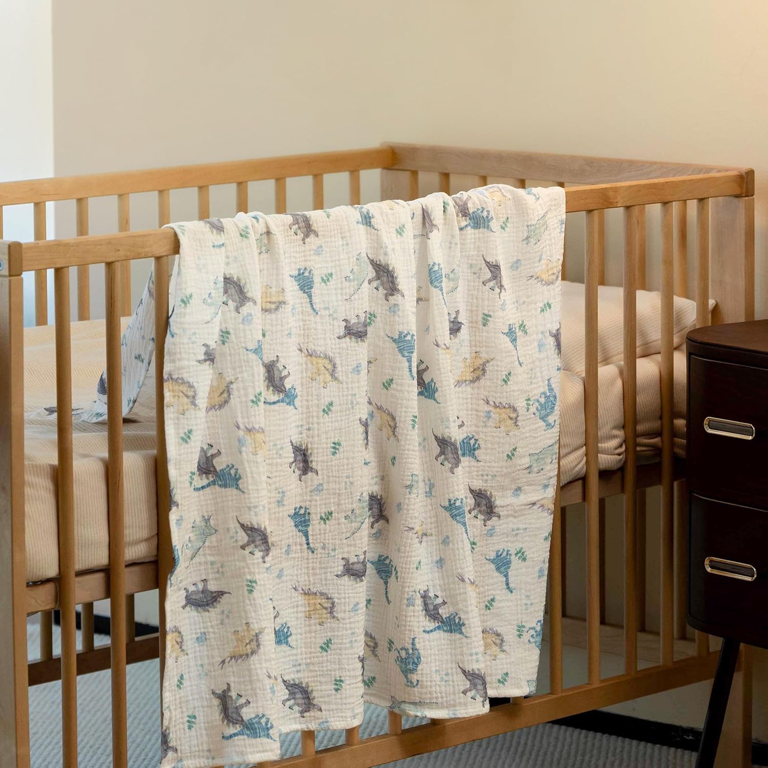Skiennix Muslin Swaddle Blankets - Soft & Breathable 3-Pack for Newborns | Large 38 x 40 Inches (Blue Dinosaur)