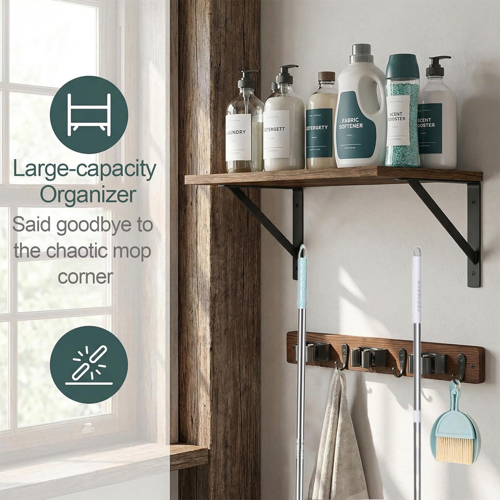 Skiennix Broom and Mop Organizer - Rustic Farmhouse Wall-Mounted Storage Rack for Laundry Room | Brown