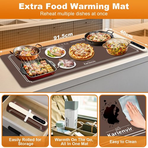 Warming Mat for Food Extra Large 35 Inch, Graphene Food Warming Mat,Heating Food Warmer 7MM Raised Feet,Electric Warming Tray Rollable & Portable,6 Level Temp & 6 Timer Setting, Brown(36.02" x 15.75")