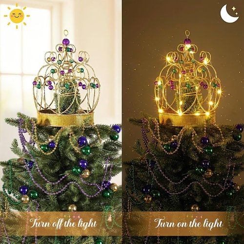 JolliLudo Mardi Gras Light up Jeweled Crown Tree Topper, 10.6" Mardi Gras Tree Glittered Ornament with Beads Battery Powered Warm Light, Metal Xmas Carnivals Spring Decorations for Holiday Decor