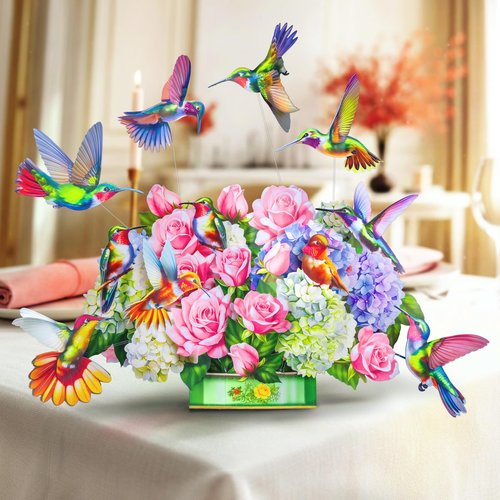 HIBLOOM Humming Bird Pop Up Card, 19.5 Inch Real Sized Display 3D Valentine Greeting Card, Paper Flower Bouquet, Gift for Valentines Day, Birthday, Mothers Day, Includes Envelope & Message Note
