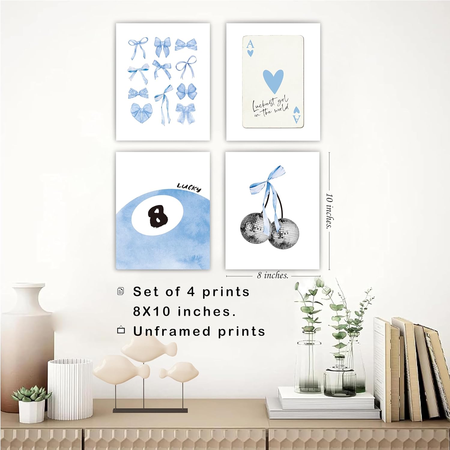 Okaxscm Wall Art Prints Set of 4 - Trendy Light Blue Coquette Decor for Girls' Bedroom | 8x10 Unframed