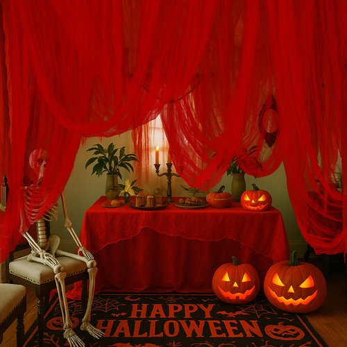 RunNico 197'' x 85'' Halloween Blood Red Scary Gauze, Bloody Haunted House Creepy Cloth, Spooky Fabric Hanging Decoration for Horror Themed Nightmare Party Wall Yard Doorway Porch Decor