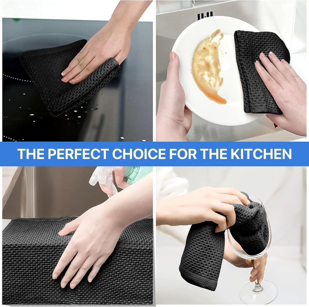 Skiennix 100% Cotton Waffle Weave Kitchen Towels - Ultra Soft & Absorbent 6 Pack | Quick Drying, 12x12 Inches, Black