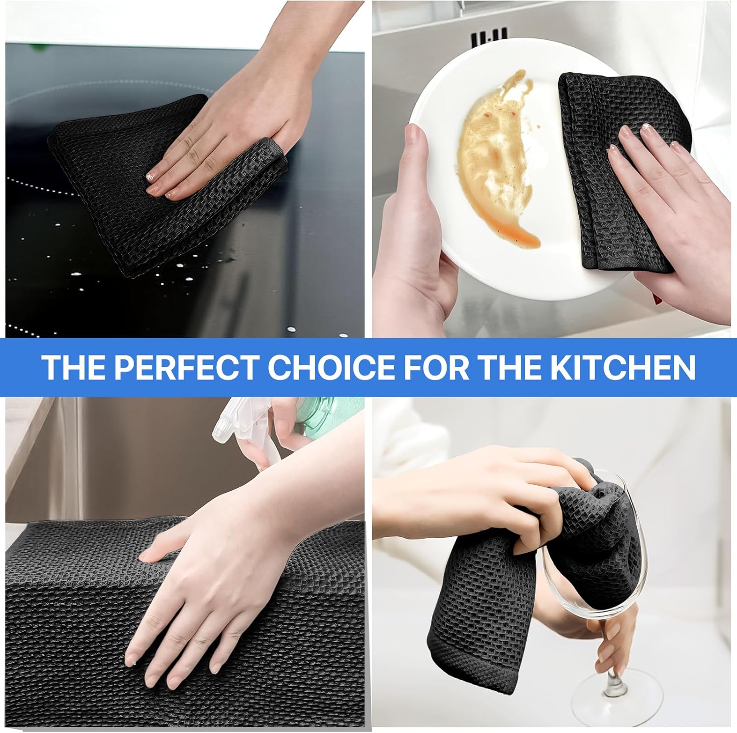 Skiennix 100% Cotton Waffle Weave Kitchen Towels - Ultra Soft & Absorbent 6 Pack | Quick Drying, 12x12 Inches, Black