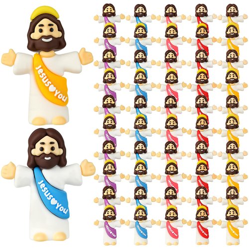 KYUKUDZ 50Pcs Mini Jesus Figures,Little Jesus Figurines in Bulk,Multicolor Tiny Jesus Figures,Miniature Figurines to Hide and Seek Religious Gifts for Baptism Sunday Easter Egg Stuffers
