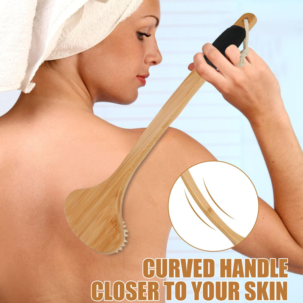 OWIIZI Back Scrub Brush for Shower,Stiff Boar Bristles Bamboo Curved Long Handle Antiskid Body Bath Brush for Back Use Wet or Dry,Deep Cleanse Large Surface Back Scrubber
