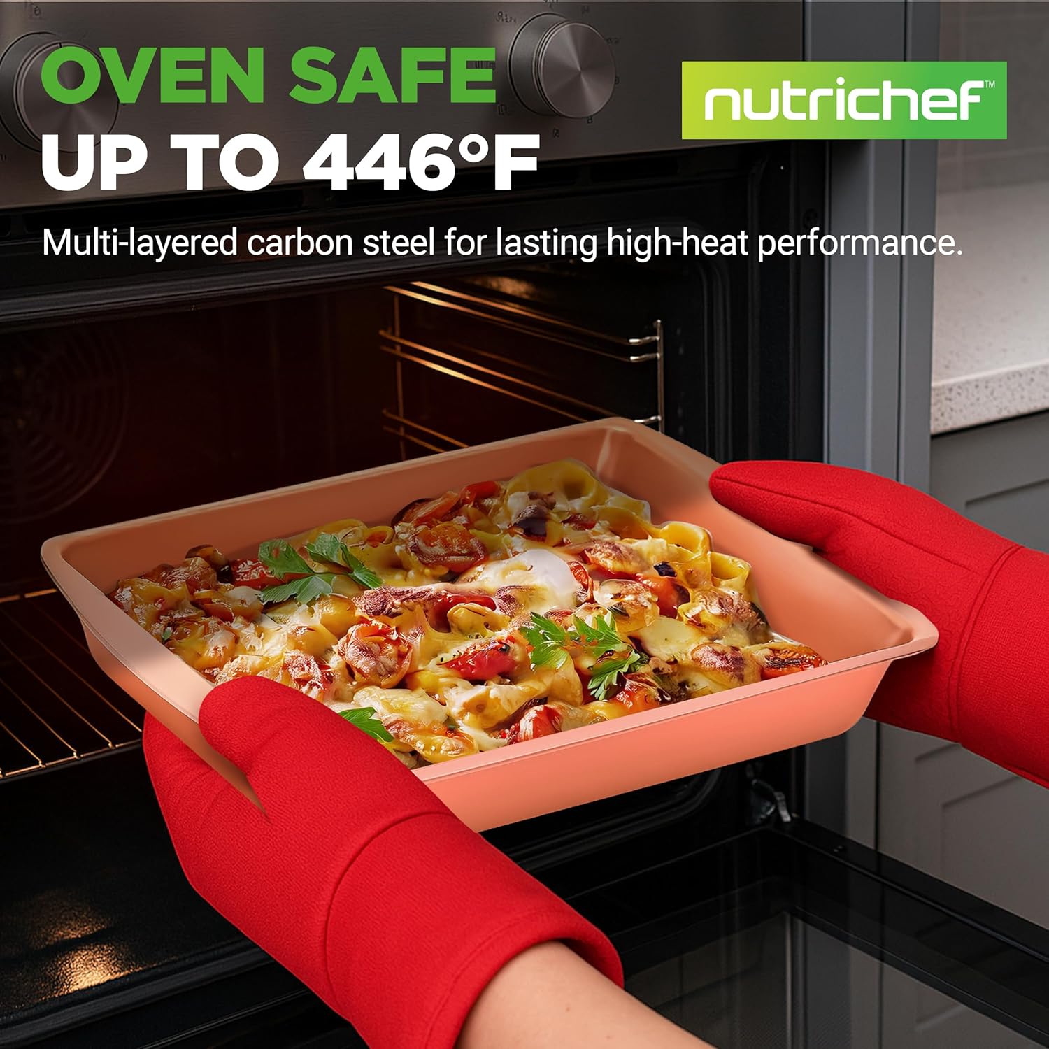 NutriChef 5-Piece Non-Stick Bakeware Set - Premium Carbon Steel Pans with Silicone Handles for Baking & Roasting