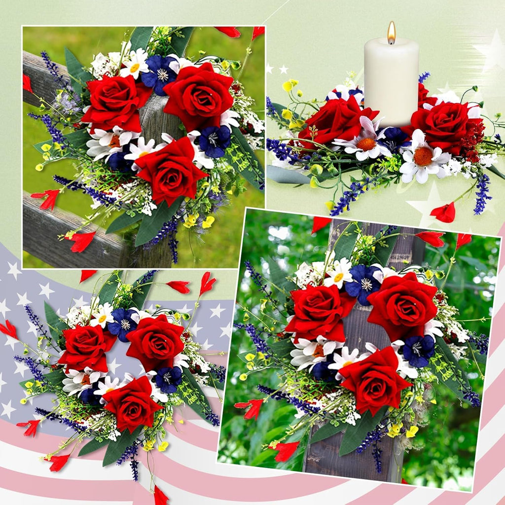 Veterans Day Candle Rings - 4 Pcs Red, White & Blue Mini Floral Wreaths for Patriotic Decor